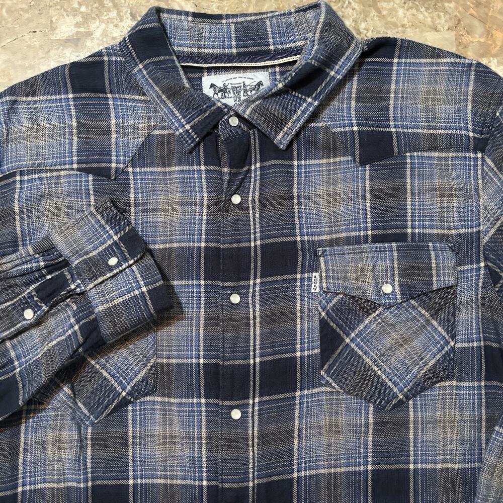 Levis Shirt Mens XL Slim Blue Pearl Snap Flannel Long Sleeve Western Yoke